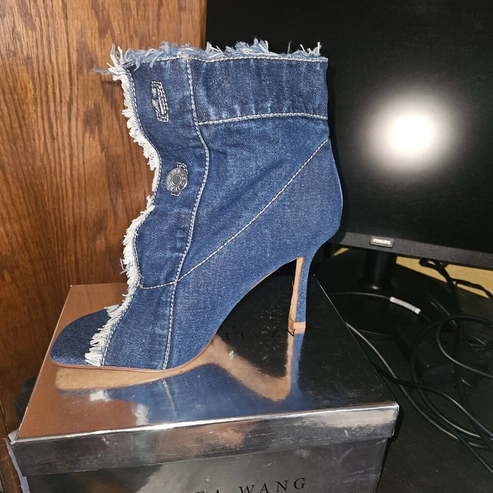AZALEA WANG TANDY DARK DENIM OPEN TOE BOOTIE - 10